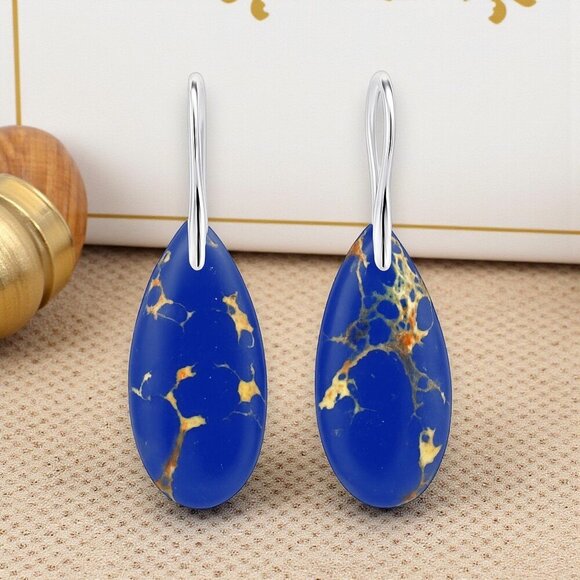 🆕️Mystical Blue Imperial Jasper Drop Earrings Trendy Casual Style Boho Chic 🌟 - Picture 7 of 14